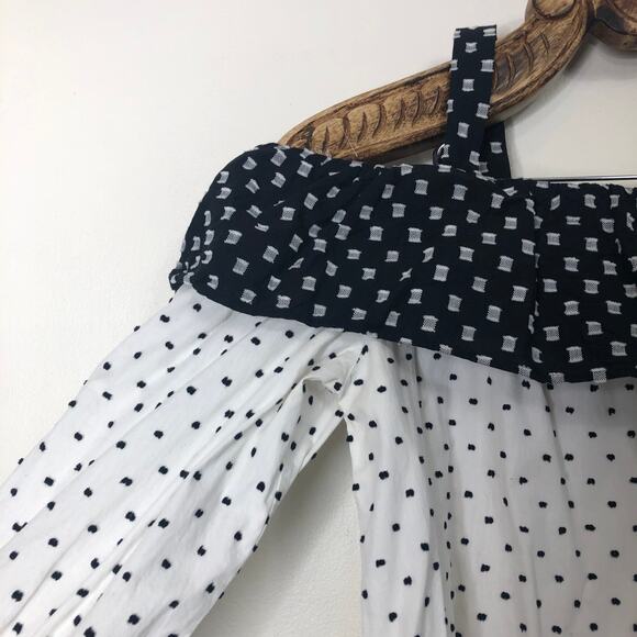 LOFT Top Cold Off the Shoulder Embroidered Clip Dot Color Block Flounce Shirt SP - Picture 4 of 8